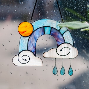 Rainbow Suncatcher Stained Glass, Rain Drop Suncatcher with Cloud, Rain Cloud Art Stained Glass Window Hangings Decoration, Aunt Gift