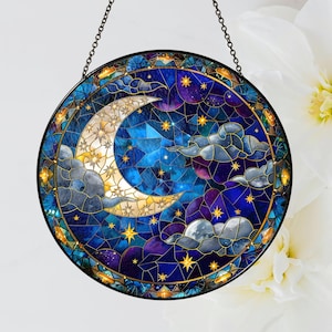 Moon and Star Stained Glass Suncatcher, Celestial Night Sky Ornament, Handmade Unique Mothers Day Gift, Spiritual Home Decor for Windows