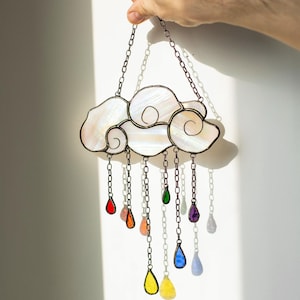 Suncatcher Stained Glass Cloud Sun catcher with Colorful Raindrop Charms Handmade home decor Handmade gift Iridescent Glass art Stain glass