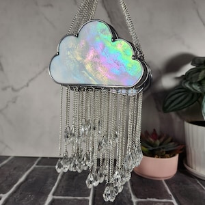 Stained Glass Iridescent Cloud Suncatcher with Crystal Raindrops