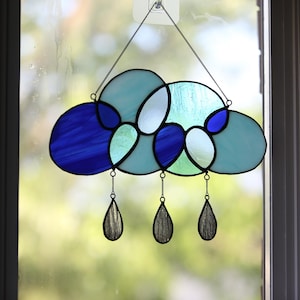 Stained Glass Clouds and Raindrops Window Hanging | Stained Glass Suncatcher