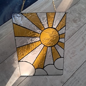 Cloud and Sun Translucent Art Glass Panel. Sunburst stained glass Suncatcher. Sunset or sunrise Modern Art. Sunlight Catcher. Valentines day