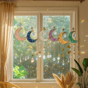 Moon Crystal Suncatcher Hanging, Mother's Day Gift, Sun Light Catcher Crescent Moon,Boho Home Decor, Amethyst Suncatcher,Rainbow Maker