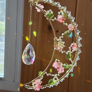 Flower Moon Suncatcher: Beaded Witchy Window Decor, Cottage Core, Cherry Blossom Moon