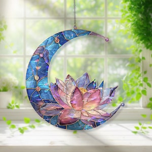 Moon Lotus Acrylic Suncatcher, Crescent Moon Stained Glass Window Hanging, Purple Blue Floral Acrylic Suncatcher Decor Gift