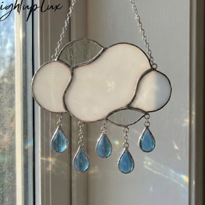 Rain Cloud Stained Glass, Handmade Window Suncatcher, Colorful Art Glass Hanging Decor, Whimsical Weather Gift for Home Office Lovers Decor