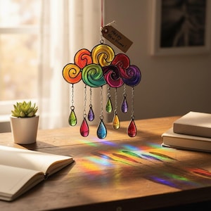 Rainbow Cloud Resin Suncatcher, Faux Stained Glass Window Hanging, Colorful Raindrop Light Catcher, Unique Home Decor Gift