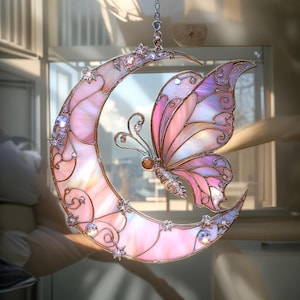 Pink Butterfly Moon ACRYLIC Faux Stained Glass Suncatcher, Dreamy Window Decor, Gift for Her, Butterfly and Star Decor