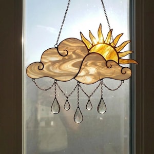 Sun and Cloud Stained Glass Suncatcher with Raindrops | Celestial Nursery Decor | Mental Health Gift | Silver Lining Art, Sky Window Hanging