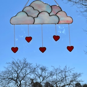 Stained Glass Suncatcher Clouds with Dangling Hearts Handmade Valentines Window Decor