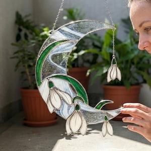 Personalized Moon Lily Stained Glass Suncatcher, Custom Handmade Floral Moon Sun Catcher, Window Decor