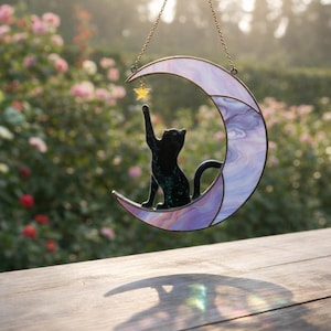 Stained Glass Cat on Moon Suncatcher, Celestial Window Decor