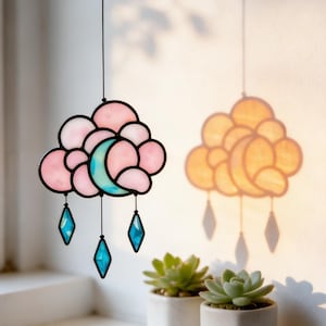Dreamcatcher Stained Glass Moon Suncatcher with Clouds｜Handmade Celestial Window Hanging｜Dreamy Night Sky Decor｜Celestial Nursery Decor