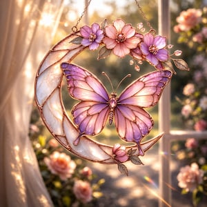 Butterfly Suncatcher, Crescent Moon Faux Stained Glass Window Hanging, Floral Cottagecore Decor, Celestial Gift for Mom