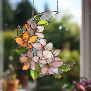 Stained Glass Style Moon Suncatcher, Floral Window Hanging Decor (Acrylic)