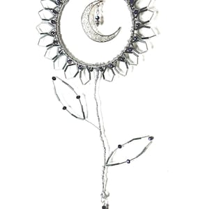 Glass Beaded Flower with Moon Suncatcher Silver, Purple and Black