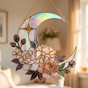 Crescent Moon Suncatcher, Peony Floral Window Hanging, Celestial Moon & Flower Wall Art, Gift for Her, Mystical Home Decor