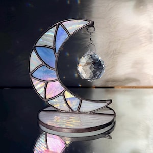 Flower Moon Suncatcher with Crystal Prism- Iridescent Stained Glass Crescent Moon- Rainbow Maker Celestial Home Decor
